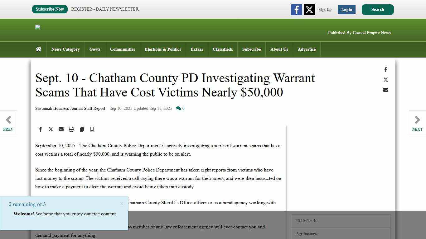 Sept. 10 - Chatham County PD Investigating Warrant Scams That Have Cost Victims Nearly $50,000 Law savannahbusinessjournal.com